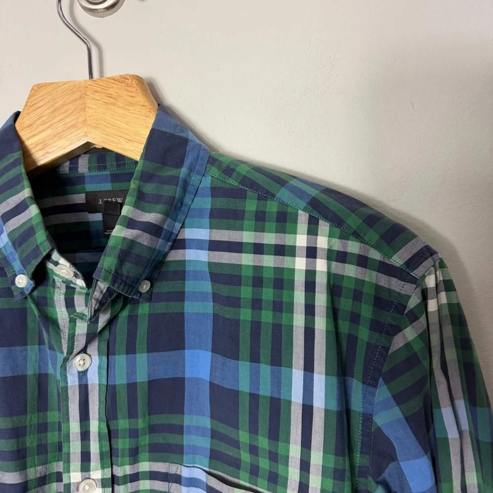 J. Crew Plaid Button Up Long Sleeve Slim Cotton Blue Green Size Medium *12